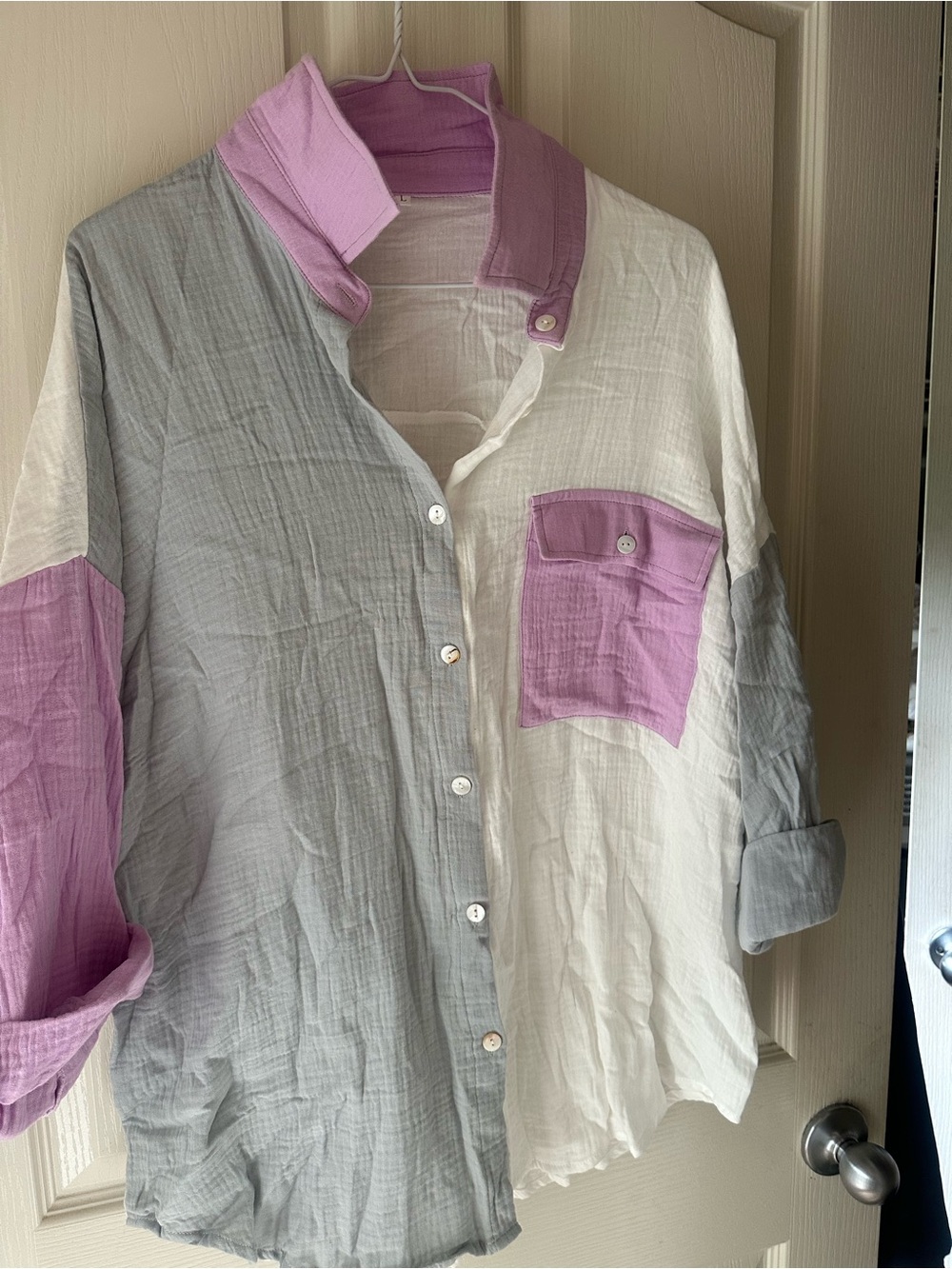 Women’s Colorblock Casual Button-Down Shirt in White, Gray & Lilac